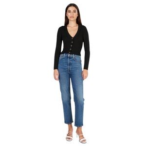 RE/DONE 70s Stove Pipe Ultra High Rise Button Fly Blue Denim Stretch Jeans